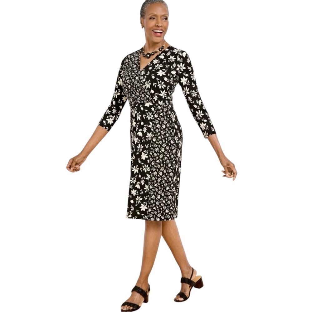 Talbots Bicolor Ditsy Wrap Jersey Black and White Floral Dress NEW Size XS